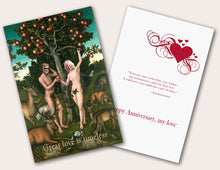 Load image into Gallery viewer, Anniversary card with a picture of Adam and Eve and the words Great love is timeless
