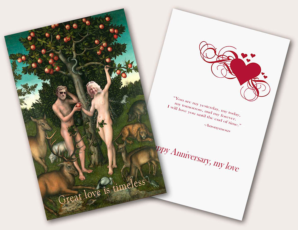 Anniversary card with a picture of Adam and Eve and the words Great love is timeless