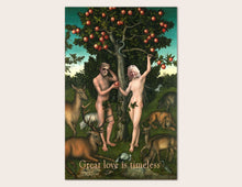 Load image into Gallery viewer, Unique anniversary card with Adam and Eve in the Garden of Eden, saying &quot;Great love is Timeless&quot;
